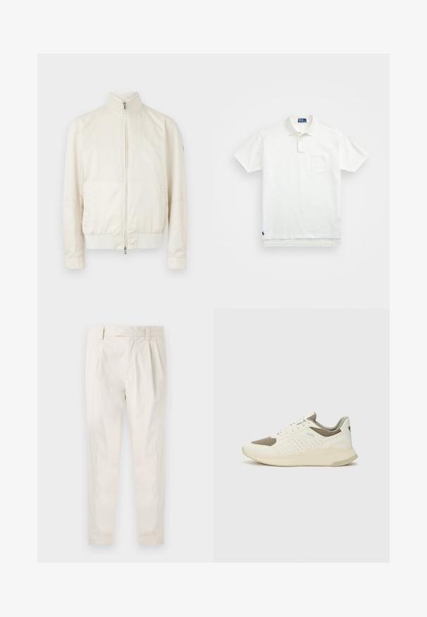 Light cream bomber jacket with a high collar, zip closure, two side pockets, and a subtle textured pattern. Ribbed cuffs and hem.; White polo shirt made of cotton, featuring a classic collar, three-button placket, and a left chest pocket; small logo at the hem.; White, pleated trousers with a tailored fit, featuring a smooth texture, belt loops, and tapered legs. No visible pockets or patterns.; White and light beige athletic sneaker, featuring a mesh upper, perforated detailing, and a textured midsole with branding on the heel.
