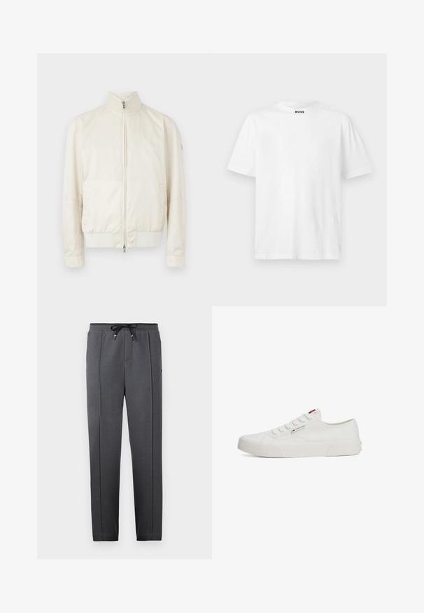 Helle Creme Bomberjacke mit hohem Kragen, Reißverschluss, zwei seitlichen Taschen und einem dezenten Texturmuster. Rippbündchen und Saum.; Weißes kurzärmeliges T-Shirt aus Baumwolle. Mit Rundhalsausschnitt und einem schwarzen Logoaufdruck am Kragen. Glatte Textur, schlichtes Design.; Schwarze, strukturierte Sweatpants mit elastischem Bund und Kordelzug, die seitliche Taschen und schmal zulaufende Beine für eine schlanke Passform bieten.; Weiße Leinensneaker mit flacher Gummisohle, runder Zehenpartie und fünf Ösenpaaren, die an der Seite ein kleines Logo-Tag besitzen.