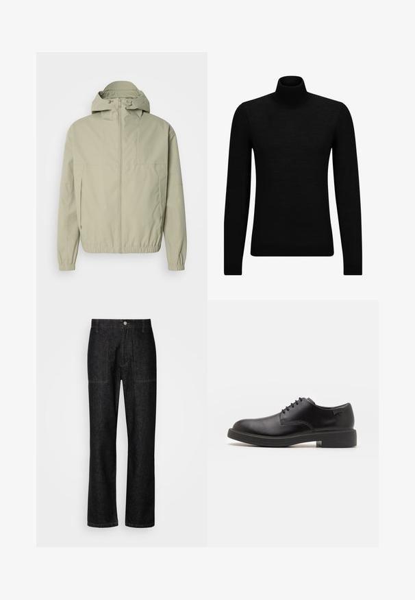 Svijetlozeleni vjetrovka s kapuljačom, elastičnim manžetama i prednjim zatvaračem. Glatka tekstura s minimalističkim dizajnom i bez vidljivih uzoraka.; Crni dukserica s visokim ovratnikom, napravljena od mekanog materijala, s dugim rukavima i priljubljenim krojem. Rebrasti detalji na donjem rubu i rukavima. Jednostavan dizajn.; Crne traperice s ravnim nogavicama, vidljivim šavovima i zatvaranjem na gumb sprijeda. Uključuju dva bočna džepa i dva stražnja džepa.; Crne kožne cipele s vezanjem i zaobljenim vrhom, glatke teksture, minimalnim šavovima i niskim gumiranim potplatom. Logo se nalazi na peti.