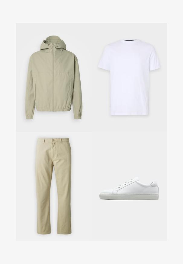 Jachetă de vânt verde deschis, cu glugă, manșete elastice și fermoar frontal. Textură netedă cu un design minimalist și fără modele vizibile.; Tricou din bumbac alb cu mâneci scurte, guler rotund, cu un logo subtire embossat pe partea stângă a pieptului, textură netedă.; Pantaloni din bumbac bej cu un design drept, închidere frontală cu buton și curea. Textură netedă, fără modele sau accente vizibile.; Adidași albi cu o suprafață din piele netedă și un profil jos. Au un vârf rotunjit, șase orificii pentru șireturi și o talpă din cauciuc texturată.