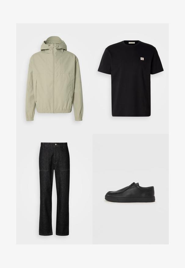 Light green windbreaker jacket with a hood, elastic cuffs, and a front zipper. Smooth texture with a minimalist design and no visible patterns.; Black cotton t-shirt with short sleeves, crew neck, and a small embroidered logo on the left chest. Smooth texture, regular fit.; Black denim pants with a straight leg, visible stitching, and a front button closure. Includes two side pockets and two back pockets.; Black leather slip-on shoe with a rounded toe, stitched detailing, and black rubber sole. Smooth texture with minimalistic design.