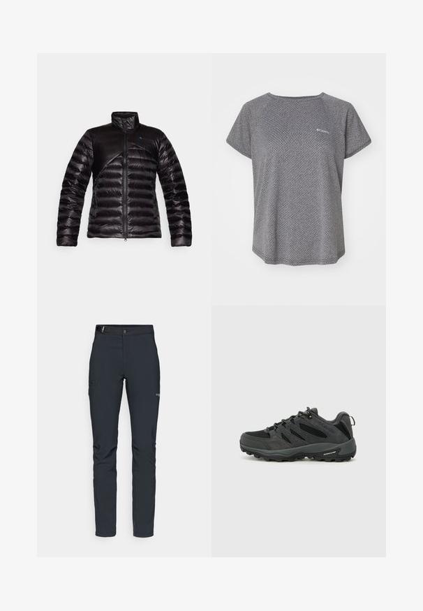 Schwarze gepolsterte Jacke mit hohem Kragen, ausgestattet mit einem glatten Einsatz über der Brust. Texturiert mit einem diagonalen Design und blauer Akzent-Logos.; Graues Kurzarmshirt mit einem subtilen Strukturmuster, Rundhalsausschnitt und Columbia-Logo auf der Brust. Weicher Stoff, lässige Passform.; Herren Outdoor-Hosen, dunkelgrau, aus flexiblem Material, mit einem Gürtel, Reißverschlusstaschen und verstärkten Nähten.; Columbia REDMOND - Hikingschuh - black/citron haze