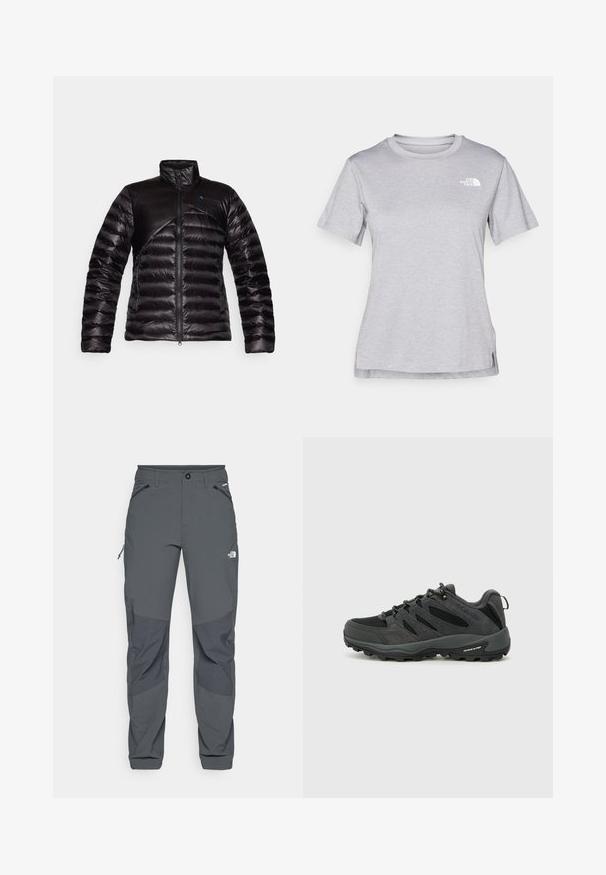 Sort polstret jakke med høj krave og en glat panel over brystet. Tekstureret stof med et diagonalt design og blåt accentlogo.; Grå kortærmet T-shirt lavet af blødt, fugttransporterende materiale. Har en rund hals og et lille hvidt logo øverst til venstre.; Mørkegrå udendørsbukser med forstærkede knælapper, lynlåslommer på siden og fronten, knaplukning og The North Face-logo på låret.; Columbia REDMOND - Hikingsko - black/citron haze