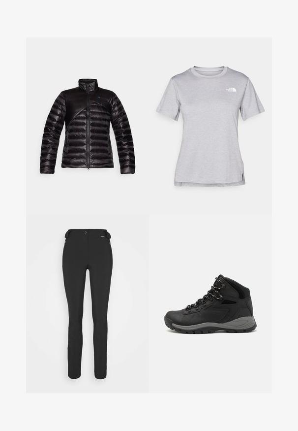 Fekete párnázott dzseki magas gallérral, sima panellel a mellet tájékán. Texturált anyag, amely átlós megjelenésű, és kék kiemelt logóval rendelkezik.; Szürke, rövid ujjú póló, puha, nedvességet elvezető anyagból készült. Kerek nyakú, és egy kis fehér logó található a bal felső részen.; Fekete, testhezálló nadrág rugalmas anyagból. Jellemzők: cipzáras oldalzseb, artikulált térdek és sima felület.; Fekete túracipő közepes magasságú kialakítással, texturált felsőrésszel, szürke részletekkel és strapabíró gumitalppal, amelynek tapadós kiemelkedései vannak.