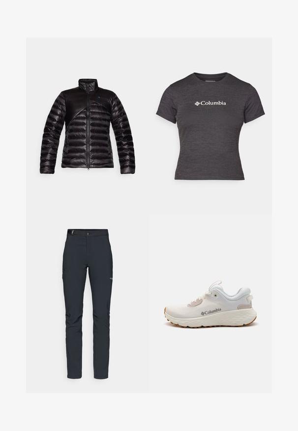 Sort polstret jakke med høj krave og en glat panel over brystet. Tekstureret stof med et diagonalt design og blåt accentlogo.; Mørkegrå kortærmet t-shirt lavet af tekstureret stof med rund hals, der har et hvidt Columbia-logo på tværs af brystet.; Herrers udendørsbukser, mørkegrå, lavet af fleksibelt materiale, med bælte, lynlåslommer og forstærkede syninger.; Letvægts Columbia atletiksko i hvid mesh med en struktureret grå sål og gummitræk. Har en polstret krave og snørebåndsdesign.