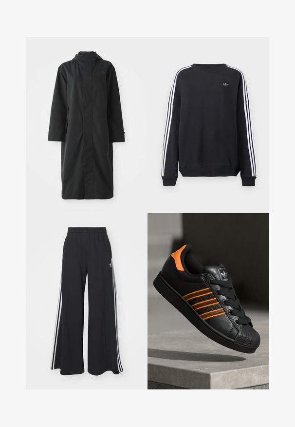 Černý deštník vyrobený z voděodolného materiálu, s vysokým límcem, dlouhými rukávy, minimalistickým designem a bočními kapsami.; Černá mikina s dlouhými rukávy, bílými pruhy po celé délce každého rukávu a malým šedým logem na hrudi. Vyrobená z bavlněného materiálu, volný střih.; Černé pohodlné tepláky širokého střihu s elastickým pasem, na boční straně s bílými pruhy a vyšitým logem na levé stehně.; Černé tenisky s oranžovými akcenty, třemi horizontálními pruhy, texturovaným koženým svrškem, gumovou špicí a černými tkaničkami.