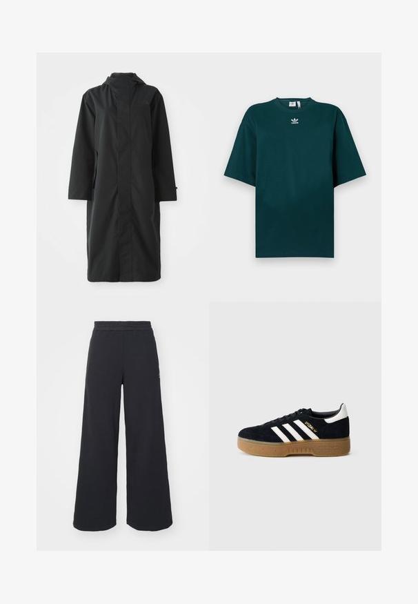 Fekete vízálló anyagból készült esőkabát, magas gallérral, hosszú ujjakkal, minimalista dizájnnal és oldalsó zsebekkel.; Sötétzöld, túlméretezett pamut póló rövid ujjakkal és kerek nyakkivágással, a mellkasán fehér Adidas logóval.; Fekete, bő szárú melegítőnadrág, puha anyagból készült, rugalmas derékkal és egy kis logóval a bal oldalon.; Fekete velúr sportcipő fehér három csíkkal és arany logóval. Gumi talp texturált tapadással. Klasszikus alacsony szárú kialakítás, lekerekített orral.