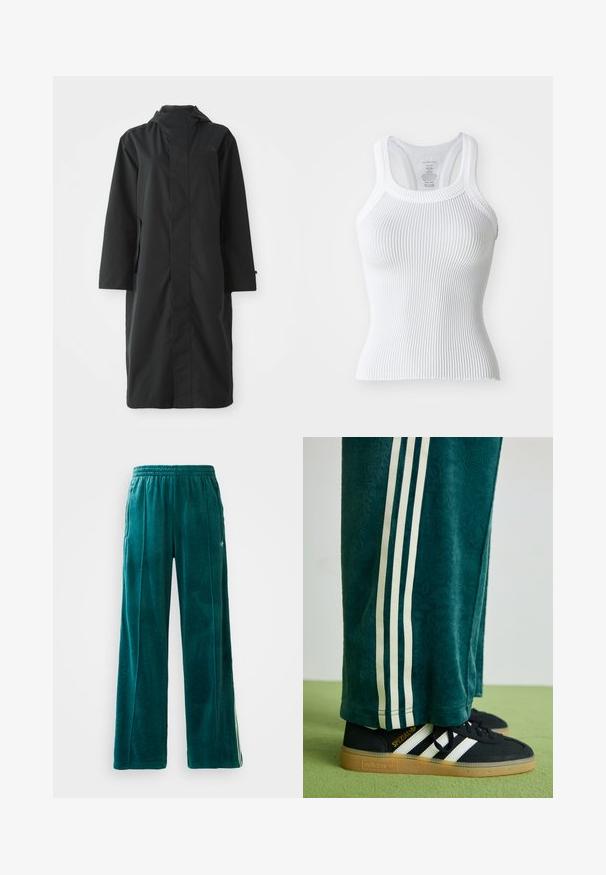Black raincoat made from water-resistant material, featuring a high collar, long sleeves, a minimalist design, and side pockets.; White ribbed tank top with a fitted design, racerback straps, and a textured fabric. Rounded neckline and hem with slight scallop detail.; Teal velour joggers with a loose fit, elastic waistband, side pockets, and subtle texture pattern. Features contrasting stripes along the sides.; Green textured pants with white side stripes, paired with black Adidas sneakers featuring three white stripes and a gum sole.