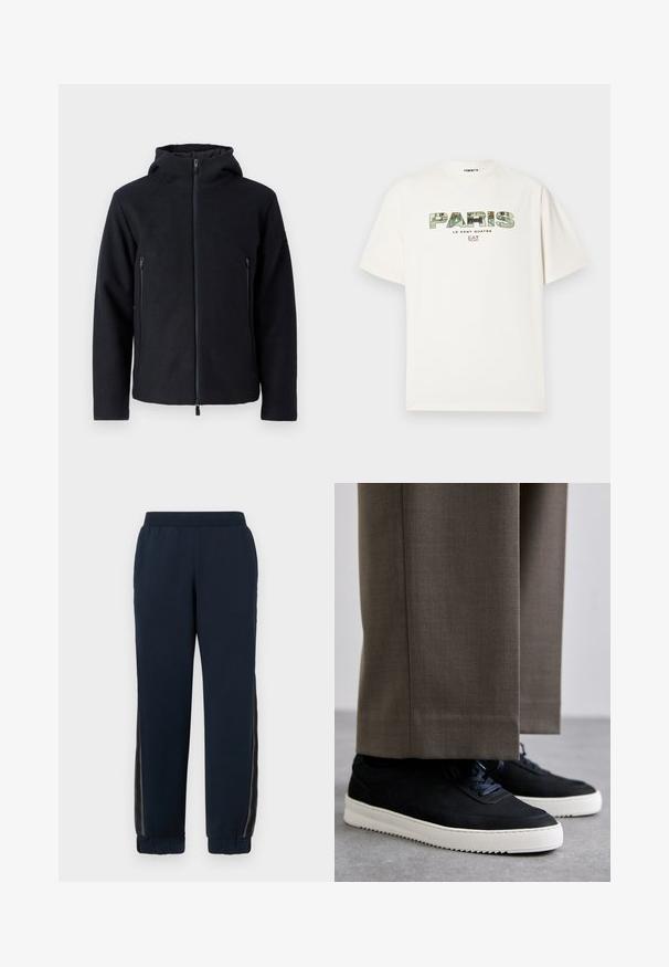 Temno modra zip-up kapuca z visokim ovratnikom in dvema sprednjima žepoma na zadrgo. Narejena iz mehke, teksturirane tkanine za toploto in udobje.; Bela bombažna majica s kratkimi rokavi z velikim grafičnim potiskom "PARIZ" v kamuflažnem dizajnu. Okrogli izrez. Ohlapen, sproščen kroj.; Mornarske trenirke z mehkobo teksturo, zoženimi manšeti in mrežastimi stranskimi ploščicami. Elastičen pas za udobje in sproščen fit.; Črne nubuk teniske z belimi gumijastimi podplati, ki imajo zaobljen nos in vezalke, oblečene z sivimi krojenimi hlačami.