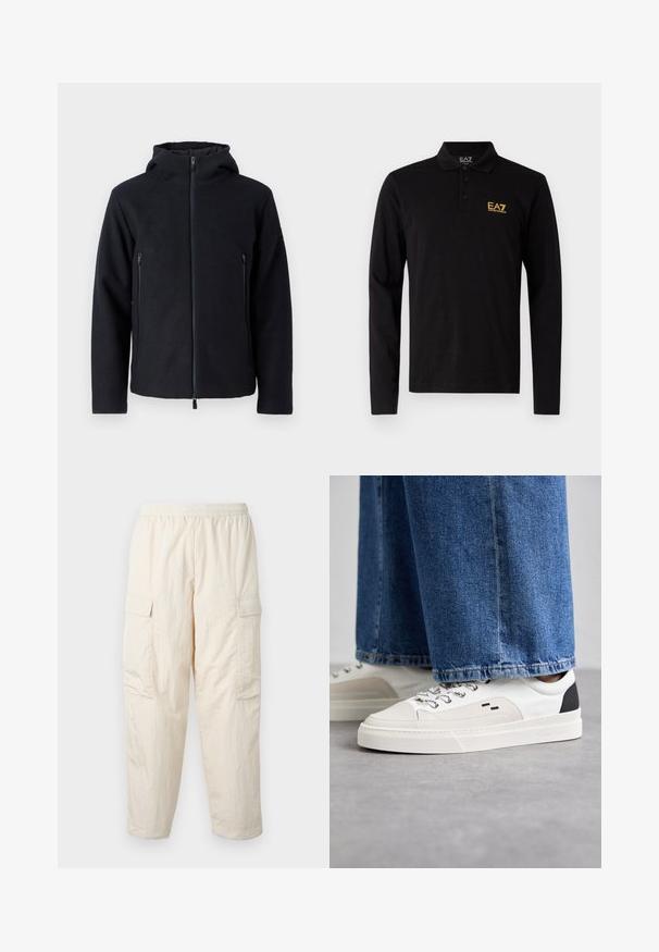 Σκούρο ναυτικό φούτερ με φερμουάρ και ψηλό γιακά, διαθέτει δύο μπροστινές τσέπες με φερμουάρ. Φτιαγμένο από μαλακό, υφασμάτινο υλικό για ζεστασιά και άνεση.; Μαύρο πουκάμισο πόλο με μακριά μανίκια κατασκευασμένο από βαμβάκι, με τριπλό κουμπί και κέντημα κίτρινου χρώματος στο στήθος.; Μπεζ cargo παντελόνι με ελαστική μέση, διαθέτοντας δύο πλαϊνές τσέπες και μαλακό, ελαφρύ ύφασμα. Τσαλακωμένη υφή.; Λευκά και μαύρα sneakers με λείο δερματικό επάνω μέρος, υφασμάτινες λεπτομέρειες και χοντρή λευκή σόλα. Διαθέτουν κλασικό σχέδιο με κορδόνια.