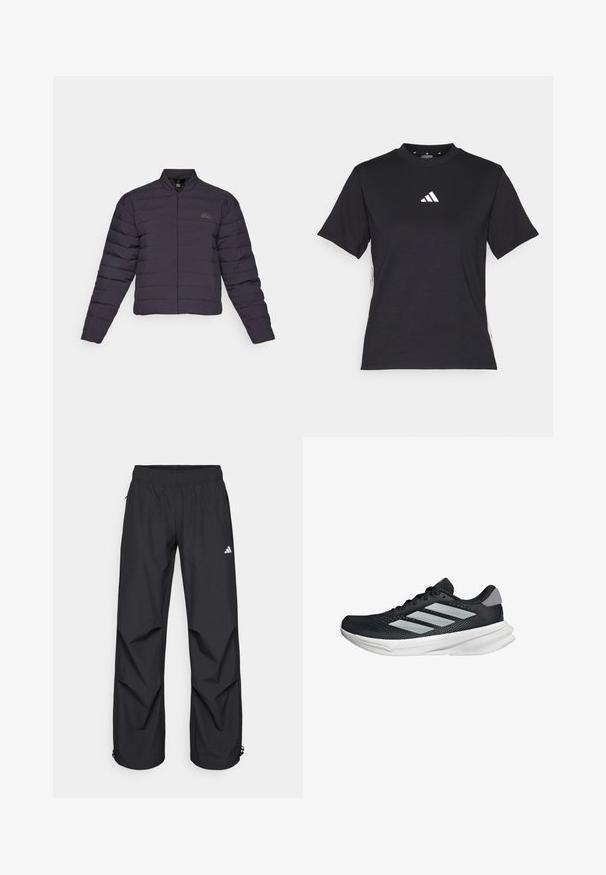 Mörklila pufferjacka med horisontell quiltad design, ståkrage, hel dragkedja framtill och logotypdetalj på vänster bröst.; Svart kortärmad T-shirt i mjukt material. Har en vit Adidas-logotyp och kontrasterande vita ränder längs sidorna.; Svarta, lätta, vattentäta byxor med elastisk midja, sidofickor och justerbara muddar. Har en vit logotyp på vänster lår.; Svart löparskor med meshtopp, tre silverränder, vit mellansula och strukturerad sula. Har vadderad krage och snörning.