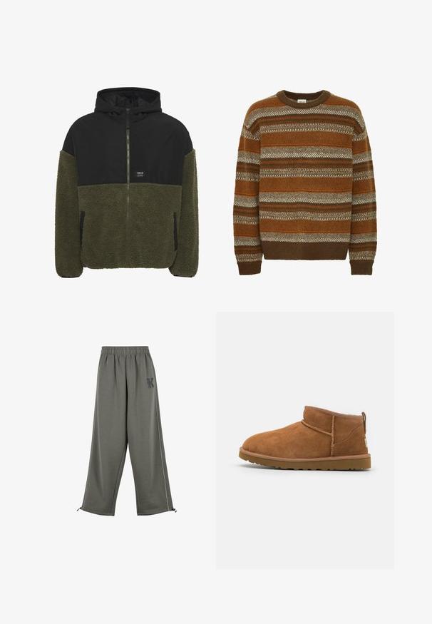 Kapuutsiga jakk, millel on must ülemine osa ja oliiviroheline fliisiallosa. Lukk, kaks küljetaskut ja brändi silt rinnal.; Solid SDMAXWELL - Džemper - slate black; Karl Kani KK OS SIDESTRIPE - Püksid - grey; Kerged suede pahklipüne, ümarate varvastega, delikaatsed õmblustead ja tekstureeritud kummist tald. Lühike kõrgus ilma paeltega.