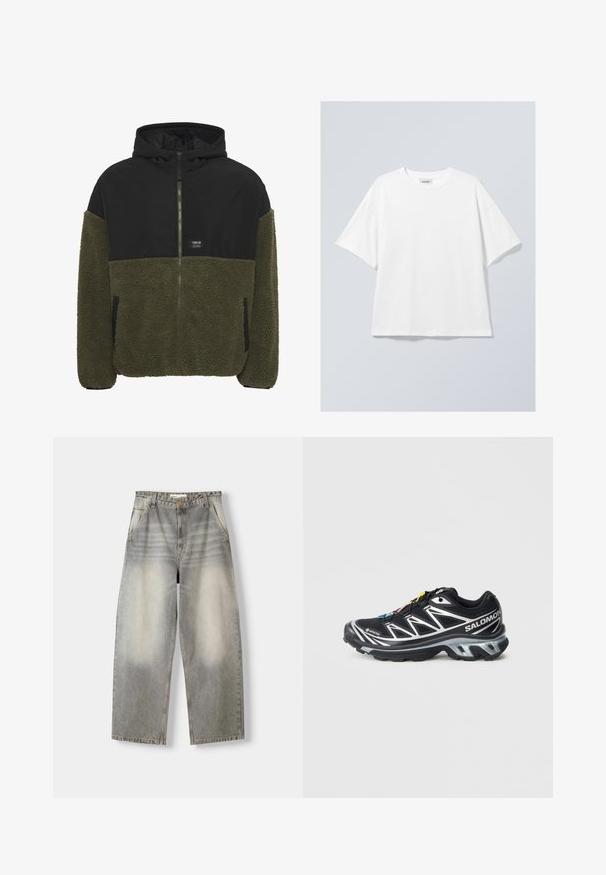 Kapucnis dzseki, fekete felső résszel és olíva zöld polár alsó résszel. Cipzáras záródás, két oldalsó zseb és márkajelzés a mellkason.; Fehér pamut póló kerek nyakkivágással és rövid ujjakkal. Lazán illeszkedő fazon, látható minták vagy díszítések nélkül. Sima textúra.; Széles szárú farmer világosszürke tónusban. Három kopottas hatás, öt zseb és gombos záródás jellemzi. Anyaga puha denim.; Fekete futócipő ezüst kiegészítőkkel, GORE-TEX anyagból, struktúrált talppal és színes fűzőkkel. Párnázott sarokkal rendelkezik a támasz érdekében.