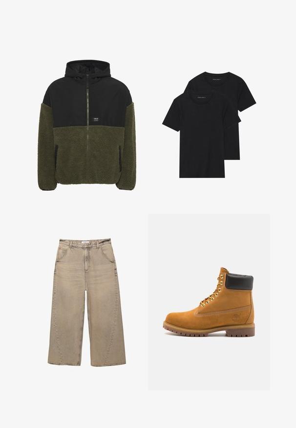Hooded jas met een zwarte bovenkant en een olijfgroene fleece onderkant. Ritsluiting, twee zijzakken en een merkembleem op de borst.; Twee zwarte katoenen t-shirts met korte mouwen, ronde halslijnen en een gladde textuur, gepresenteerd op elkaar gestapeld.; PULL&BEAR MEGA BAGGY - Baggy jeans - light grey; Tan suède enkelboot met zwart gevoerd kraagje, gouden metalen oogjes, witte stikdetails en een robuuste rubberen zool met uitgesproken profiel.