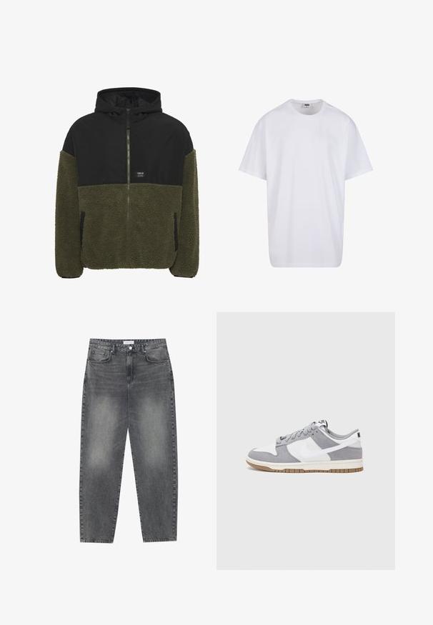 Chaqueta con capucha que presenta una parte superior negra y una parte inferior de forro polar verde oliva. Cierre de cremallera, dos bolsillos laterales y una etiqueta de la marca en el pecho.; Camiseta blanca de algodón con mangas cortas, cuello redondo, corte relajado y sin logotipos ni patrones visibles. Textura suave y diseño minimalista.; Jeans de cintura alta y corte holgado en denim negro desgastado. Con cinco bolsillos, pasadores para el cinturón y un diseño de pierna recta y limpia.; Zapatilla gris y blanca con parte superior de ante y cuero, puntera redondeada, cordones planos y suela de goma con un acento de goma.