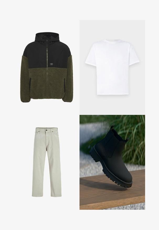 Hooded jacket featuring a black upper and olive green fleece lower. Zipper closure, two side pockets, and a brand label on the chest.; White cotton t-shirt with a crew neck and short sleeves. Smooth texture, straight cut, no patterns or accents. Back view only.; Light beige denim jeans with a straight leg design, five-pocket style, and a button closure at the waist, featuring minimal stitching details.; Black ankle boot with a smooth finish, elastic side panels, and a thick, rugged sole. Set against a natural backdrop on a wooden surface.