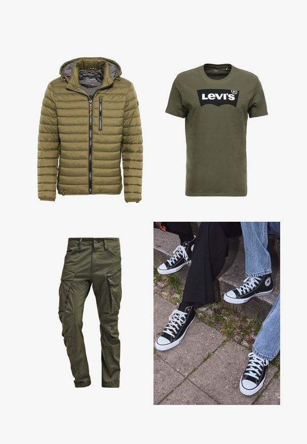 Olivengrøn polstret jakke med hætte, der har lynlås foran, to lynlåslommer og ribbede manchetter; glat tekstur, syntetisk materiale.; Oliven grøn bomulds t-shirt med et stort sort Levi's logo på forsiden. Klassisk rund hals og korte ærmer, glat tekstur.; Olivenfarvede cargo-bukser lavet af slidstærk bomuld. Har flere lommer, en lynlåslomme på siden og tapered ben med en let tekstureret overflade.; Sorte høje canvas sneakers med hvide gummisåler og snørebånd, prydet med et cirkulært logo på siden og parret med denim og sorte bukser.