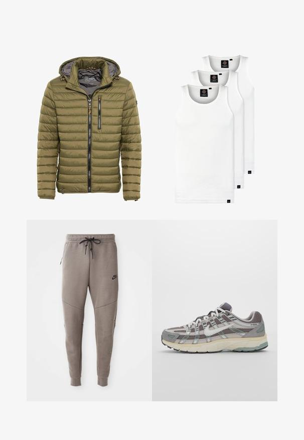 Olivengrøn polstret jakke med hætte, der har lynlås foran, to lynlåslommer og ribbede manchetter; glat tekstur, syntetisk materiale.; Tre hvide ribbede tanktops lavet af bomuld. Har en rund hals og små sorte mærker nær sømmen. Fås i flere størrelser.; Grå Nike joggingbukser med snoretræk i taljen, tapered ben, sidelommer og markante sømdetaljer. Blødt, struktureret stof.; Grå sportssko med overdel i mesh og ruskind, hvide accenter, en polstret sål og et særpræget design med reflekterende elementer.
