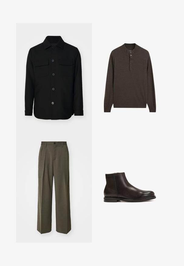 Sort skjortejakke lavet af et glat stof. Har en spids krave, frontknapper og to brystlommer med klapper. Lange ærmer.; Brun langærmet pullover med høj krave og tre-knaps placket. Fremstillet af blødt stof, har den en glat overflade og ribbede mansjetter.; Filippa K WIDE TROUSERS - Bukser - driftwood; Sort læder ankelstøvle med en glat tekstur, rund tå og lav hæl. Har en side lynlås for nem påtagning.