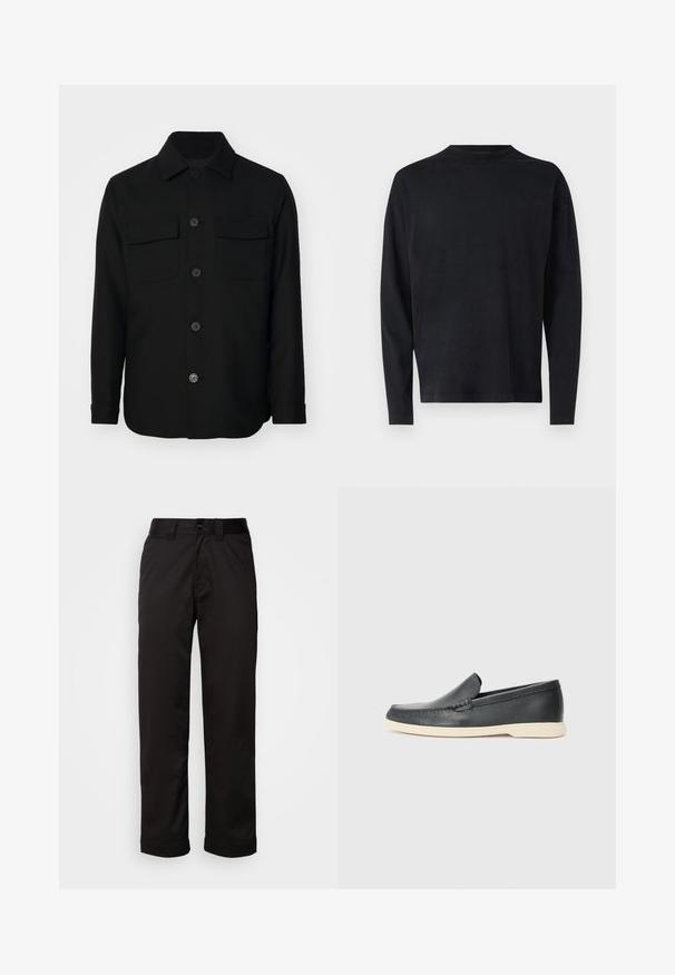 Musta takki, joka on valmistettu sileästä kankaasta. Siinä on terävä kaulus, etupainikkeet ja kaksi rintataskua läpällä. Pitkät hihat.; Musta pitkähihainen paita pehmeästä kankaasta. Ominaisuuksiin kuuluu pyöreä pääntie ja laskeutuvat olkapäät. Tasainen pinta ilman näkyviä kuvioita.; Mustat housut, jotka on valmistettu sileästä kankaasta. Ne sisältävät vetoketjukiinnityksen, napin sulkemisen sekä käärityt lahkeet rentoa muotoilua varten.; Mustat nahkakengät ilman nauhoja, joissa on teksturoitu pinta ja kontrastoiva beige kumipohja. Kengissä on hillitty yksityiskohta etuosassa.