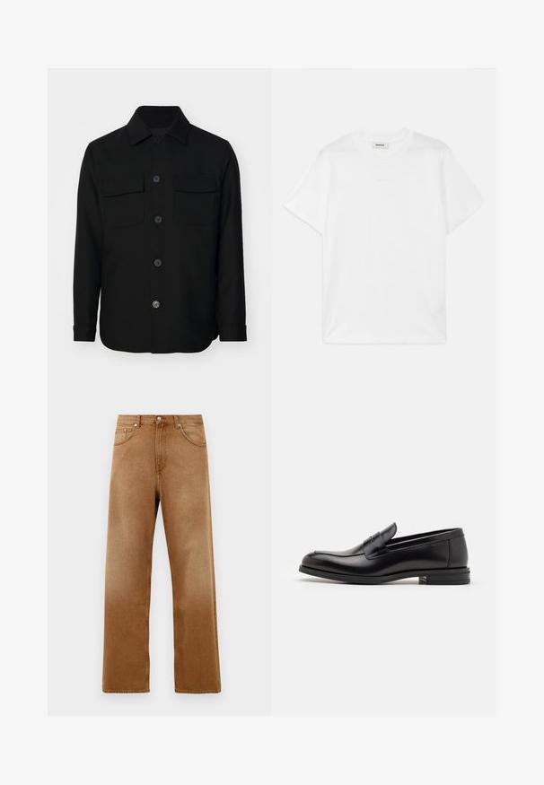 Zwarte shirtjack gemaakt van een gladde stof. Heeft een puntkraag, knopen aan de voorkant en twee borstzakken met kleppen. Lange mouwen.; Witte katoenen t-shirt met een ronde hals, korte mouwen en een subtiele logo-print op de voorkant. Glad textuur en eenvoudig ontwerp.; Bruine denim wijde pijpenjeans met een hoge taille, voorzien van twee voorkruipzakken, een knoopsluiting en subtiele textuur. Geen zichtbare patronen of accenten.; Zwarte leren instappers met een gladde textuur, ronde neus en een decoratieve band over de wreef. Lage, gestapelde hak en minimalistisch ontwerp.