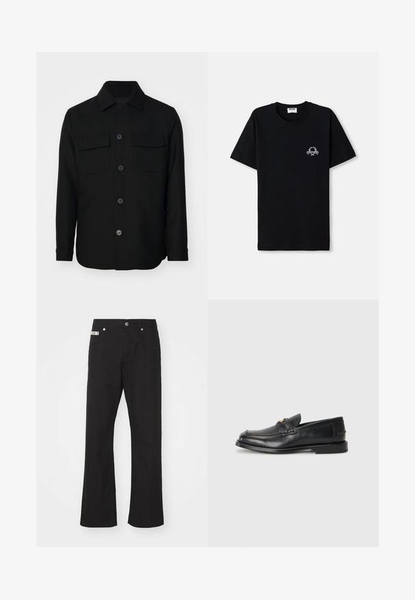 Crna košulja jakna izrađena od glatkog materijala. Ima oštar ovratnik, prednje dugmadi i dva džepa na prsima s preklopima. Dugi rukavi.; Crna pamučna majica s okruglim izrezom. Ima mali bijeli grafički dizajn na prsima. Kratki rukavi i ravni rub.; Crne pamučne hlače ravnog kroja, s prednjim kopčanjem na dugme, dva bočna džepa i malom oznakom branda na pojasu.; Crne kožne mokasine imaju zaobljen vrh, šivane detalje i mali zlatni akcent na prednjem delu. Đon je ravan i diskretan.