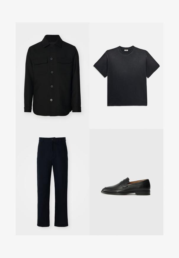 Čierna koženka vyrobená z hladkej textílie. Má špicatý golier, predné gombíky a dve náprsné vrecká s chlopňami. Dlhé rukávy.; Čierne bavlnené tričko s okrúhlym výstrihom a krátkymi rukávmi. Má voľný strih, hladkú textúru a minimalistický dizajn.; Námornícke modré nohavice vyrobené z bavlny, so strihom rovného nohavice, predným zapínaním na gombík a klasickým pásom s pútkami na opasok.; Čierne kožené mokasíny s okrúhlou špičkou, jemným prešitím a nízkym podpätkom, s hladkou textúrou a minimalistickým dizajnom.