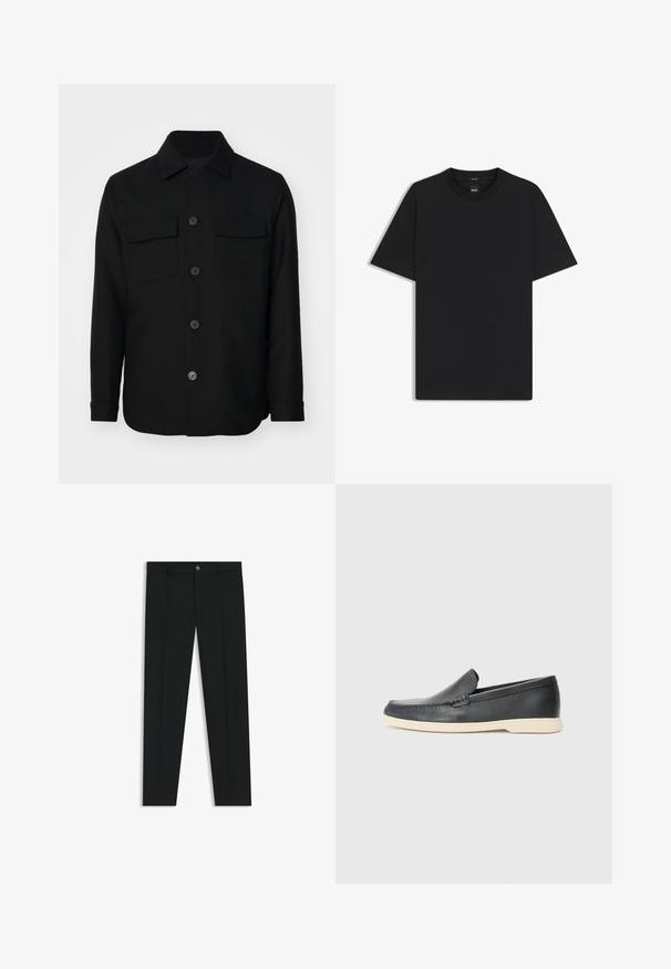 Sort skjortejakke lavet af et glat stof. Har en spids krave, frontknapper og to brystlommer med klapper. Lange ærmer.; Sort kortærmet T-shirt lavet af en glat bomuldsblanding, med en rund halsudskæring og et minimalistisk design uden mønstre eller accenter.; Sorte dressbukser med lige ben-design, lavet af glat stof. Har en frontlukning med knap og bæltestropper. Enkle uden mønstre.; Sorte læder slip-on loafers med en struktureret overflade og en kontrasterende beige gummisål. Har en subtil detalje langs forsiden.