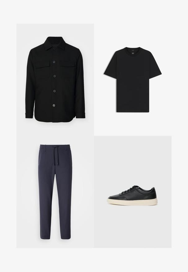 Svart skjortjacka tillverkad av ett slätt tyg. Har en spetsig krage, framknappar och två bröstfickor med lock. Långa ärmar.; Svart kortärmad T-shirt i en mjuk bomullsblandning, med rundad halsringning och en minimalistisk design utan mönster eller detaljer.; Navy joggerbyxor med elastisk midja och snörning. Tillverkade av ett slätt material, med indragna ben och utan synliga fickor.; Svart låg skor i läder med svarta snören och off-white sula, visas i sidoprofil på vit bakgrund.