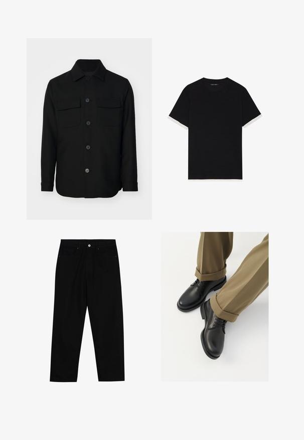 Schwarze Jacke aus glattem Stoff. Mit spitzem Kragen, Frontknöpfen und zwei Brusttaschen mit Klappen. Lange Ärmel.; Schwarzes T-Shirt mit kurzen Ärmeln aus strukturiertem Stoff, mit weißen Akzenten an den Bündchen. Gerundetem Halsausschnitt, lockere Passform.; Schwarze Jeans mit geradem Schnitt, Fünf-Taschen-Design und einem vorderen Knopfverschluss. Glatte Textur mit minimalen Nähten.; Schwarze Lederschuhe mit glatter Oberfläche, versehen mit Schnürsenkeln und einer runden Zehenpartie, kombiniert mit hochgekrempelten khakifarbenen Hosen.