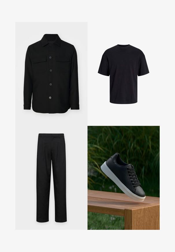 Jachetă neagră dintr-un material neted. Are un guler ascuțit, deschidere cu nasturi în față și două buzunare pe piept cu clapete. Mâneci lungi.; Tricou din bumbac negru, cu guler rotund, mâneci scurte și o croială lejeră. Textură netedă și fără modele sau accente vizibile.; Pantaloni negri dintr-un material neted, cu un design drept, două pliuri frontale și un tiv standard cu bucle pentru curea.; Adidași din piele neagră cu o textură netedă, talpă din cauciuc alb și șase orificii pentru șireturi, expuși pe o suprafață din lemn.