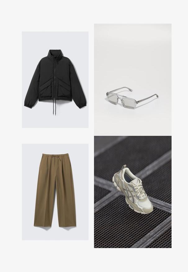 Sort puffjakke, høj krave, lynlås foran, sammensnørede ærmer og forlommer med et trekantet quiltet mønster. Struktureret stof, cropped design.; Hvid skjorte med knaplukning og rutenet i marineblå, med en brystlomme, rund søm og træknapper. Letvægtsstof.; Bredde bukser i olivengrøn, lavet af blødt stof med elastisk talje og justerbar snor. Har to sidelommer.; Beige sportsko med en tekstureret mesh-overdel, subtile grå accenter og en polstret tunge. Rundet, polstret således designet for komfort.; Emporio Armani Solbriller - shiny transparent grey