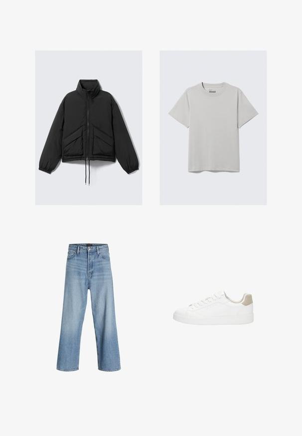 Čierna prešívaná bunda, vysoký golier, zips vpredu, zhrnuté manžety a predné vrecká s trojuholníkovým prešívaným vzorom. Textúrovaná látka, skrátený strih.; Svetlosivý bavlnený tričko s okrúhlym výstrihom a krátkymi rukávmi, s minimalistickým dizajnom a voľným strihom. Bez vzorov alebo akcentov.; Svetlomodré široké džínsy vyrobené z denimu, s vysokým pásom, klasickým päťvreckovým dizajnom a zapínaním na gombík s predným zipsom.; Biele tenisky s hladkým koženým zvrškom a okrúhlou špicou. Majú krémovú semišovú pätku, ploché šnúrky a bielu gumovú podrážku.