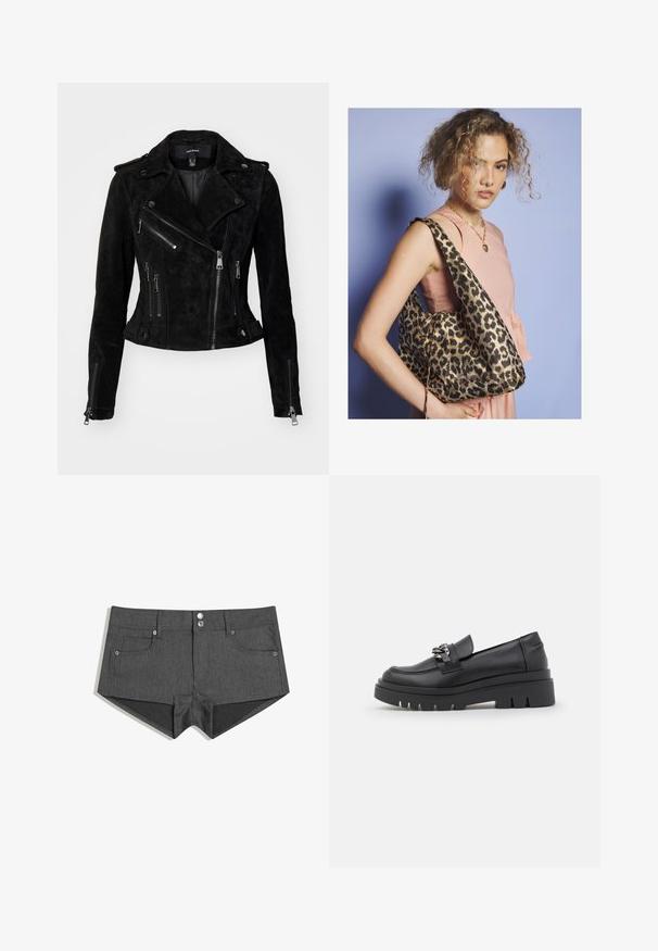 Černá semišová moto bunda s přiléhavým střihem, asymetrickými zipy, patentkami a zipovými kapsami. Hladká textura.; Šedý pletený svetr s černými horizontálními pruhy, kulatým výstřihem a žebrovanou strukturou. Má dlouhé rukávy a zaoblený lem.; Šedé džínové šortky se dvěma předními kapsami, dvojitými předními knoflíky a přiléhavým střihem. Tkanina má hladkou strukturu.; Černá loafers stylová bota s robustní platformou, hladkým koženým svrškem, dekorativním řetízkovým akcentem a mírným podpatkem s výřezem.; Žena s kudrnatými vlasy, oblečená v růžovém bezramínkovém topu a zlatým náhrdelníkem ve tvaru srdce, nese velkou kabelku s leopardím vzorem.