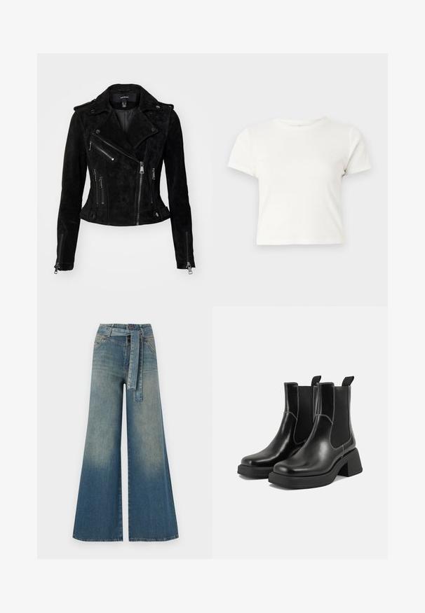 Veste de moto en suède noir au design ajusté, avec des fermetures éclair asymétriques, des boutons-pression et des poches zippées. Texture lisse.; T-shirt blanc court en coton avec des manches courtes, un col rond et un ourlet droit, présentant une texture lisse et un design minimal.; Pantalons en denim à jambe large présentant un dégradé de bleu clair à bleu foncé, taille haute, passants de ceinture et une ceinture en tissu assortie. Finition en denim texturé.; Bottes Chelsea en cuir noir avec un talon épais, des panneaux latéraux élastiques et des coutures blanches contrastantes. Fini texturé.