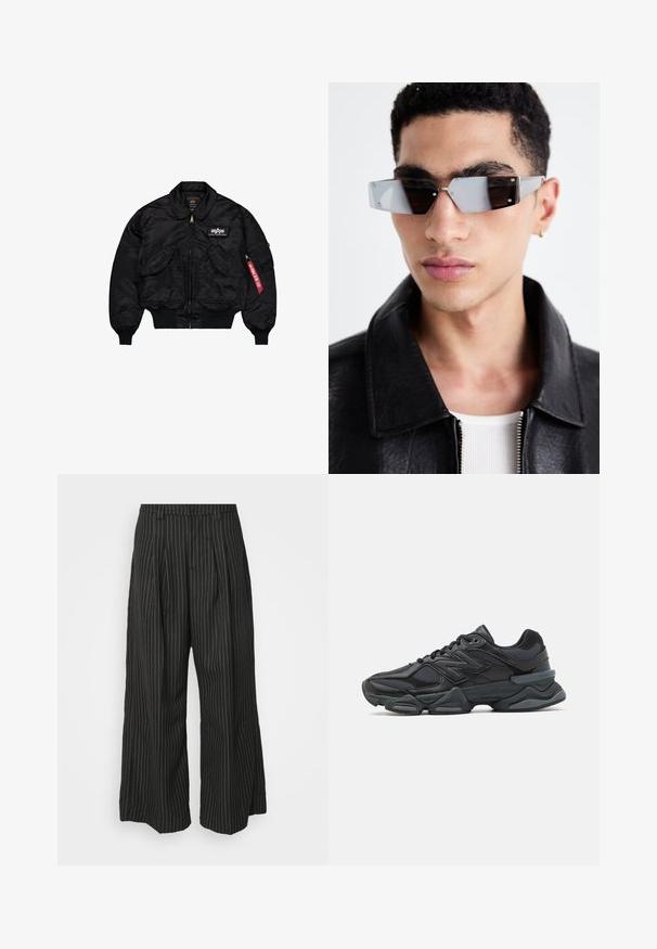 Schwarze Bomberjacke aus glattem Nylon. Verfügt über einen Frontreißverschluss, gerippte Bündchen, mehrere Taschen und ein rotes Stoffetikett am Ärmel.; Schwarzes Langarmhemd mit Knopfkragen. Verfügt über ein rotes gesticktes Logo auf der linken Brust und passende schwarze Knöpfe.; Schwarz gestreifte weite Hose mit Falten, im taillierten Design und mit weichem Material. Keine sichtbaren Beschläge oder Akzente.; Schwarzer Laufschuh mit einer Mischung aus Mesh- und sinthetischen Materialien, dicke Sohle, geschwungenes Design und auffälliger Markenkennzeichnung an der Seite.; Eckige, grau getönte Sonnenbrillen mit silberner Hardware, vor einem hellen Hintergrund. Die Gläser weisen eine einzigartige geometrische Form auf.