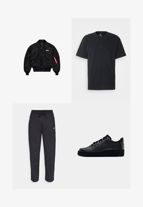 Chaqueta bomber negra hecha de nailon suave. Cuenta con un cierre frontal, puños acanalados, múltiples bolsillos y una etiqueta de tela roja en la manga.; Camiseta negra de algodón de Nike con un clásico cuello redondo, mangas cortas y un sutil logo en relieve en el pecho. Textura suave.; Pantalones de chándal negros hechos de una tela suave, con cintura elástica, cordón y un pequeño logo de Nike en el muslo izquierdo.; Zapatilla Nike Air Force 1 negra con parte superior de cuero liso, puntera perforada para transpirabilidad, cordones negros y suela de goma texturizada.