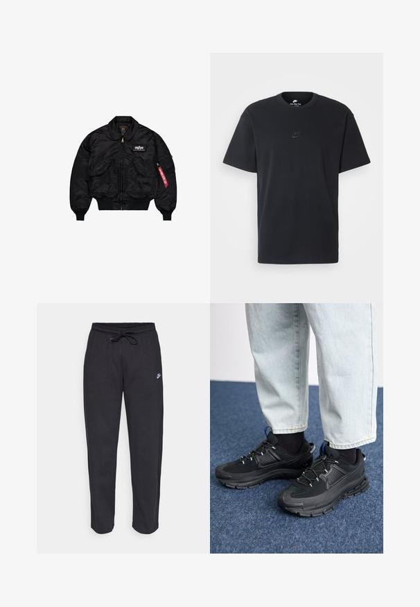 Giacca bomber nera realizzata in nylon liscio. Presenta una zip frontale, polsini a costine, diverse tasche e un'etichetta in tessuto rossa sulla manica.; T-shirt in cotone nero della Nike con collo rotondo classico, maniche corte e un logo in rilievo discreto sul petto. Texture liscia.; Pantaloni della tuta neri realizzati in tessuto morbido con vita elastica, coulisse e un piccolo logo Nike sulla coscia sinistra.; Scarpe sportive nere con tessuto testurizzato e suole in gomma, dotate di lacci elastici e un accento blu sul tallone. Indossate con pantaloni in denim chiaro.