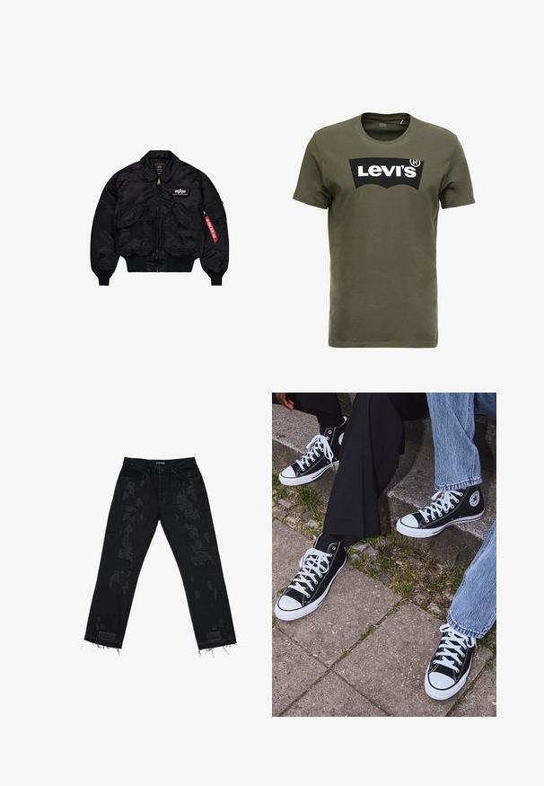 Zwarte bomberjack van glad nylon. Voorzien van een rits aan de voorkant, ribbelboorden, meerdere zakken en een rode stoffen label op de mouw.; Olijfgroen katoenen T-shirt met een groot zwart Levi's-logo op de voorkant. Klassieke ronde hals en korte mouwen, gladde textuur.; Zwarte denim jeans met versleten vlekken, een ontspannen pasvorm, rafelige zoom en een standaard vijf-pocket ontwerp. De stof lijkt duurzaam en gestructureerd.; Zwarte canvas sneakers met hoge schacht, witte rubberen zolen en veters, met een cirkelvormig logo aan de zijkant, gecombineerd met denim en zwarte broeken.