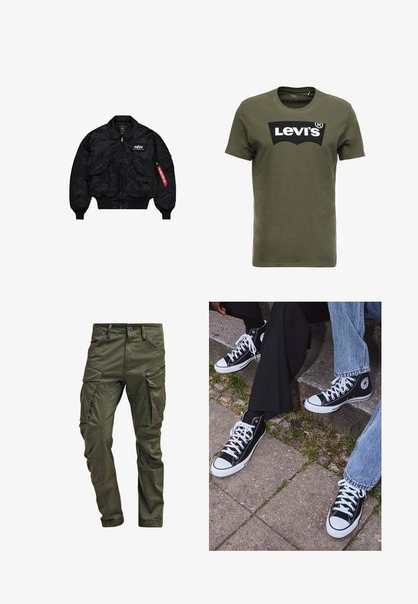 Čierna bomber bunda vyrobená z hladkého nylonu. Obsahuje predný zips, rebrované manžety, viacero vreciek a červenú textilnú etiketu na rukáve.; Olive zelené bavlnené tričko s veľkým čiernym logom Levi's na prednej strane. Klasický kruhový výstrih a krátke rukávy, hladká textúra.; Olivové cargo nohavice vyrobené z pevnej bavlny. Obsahujú viacero vreciek, zipsovou bočnou vrecko a zúžené nohavice so slabou textúrou.; Čierne vysoké plátenné tenisky s bielymi gumovými podrážkami a šnúrkami, s okrúhlym logom na boku, skombinované s džínsami a čiernymi nohavicami.