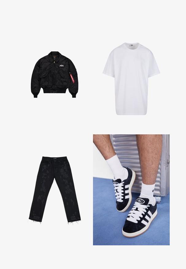 Must mustarjakk, mis on valmistatud siledast nailonist. Omab eesmist lukku, soonikkoes mansette, mitmeid taskuid ja punast kangast sildiga varrukal.; Valge puuvillane t-särk lühikeste varrukatega, ümmarguse kaelusega, lõdva lõikega ja ilma nähtavate logodeta või mustriteta. Sile tekstuur ja minimaalne disain.; Mustad teksad mustast denimist, millel on kulumise jäljed, lõdva istuvusega, rebendiga hem ja tavaline viie-tasku disain. Kangas näeb välja vastupidav ja tekstureeritud.; Mustad nahkjalatsid valgete paelte ja kolme valge triibuga. Omab ümmargust musta logo keele peal ning kummist tallat.