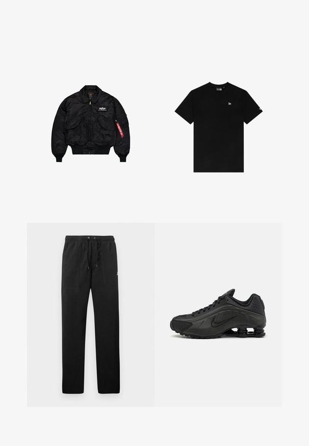 Must mustarjakk, mis on valmistatud siledast nailonist. Omab eesmist lukku, soonikkoes mansette, mitmeid taskuid ja punast kangast sildiga varrukal.; Must mustrips, millede lõhikuga, lühikeste varrukatega, millel on vasakul rinnal väike valge logo ning ilma lisamustrite ja aktsentideta.; Mustad fliisist sportpüksid, millel on elastne vöö ja paelad, kaks esi-taskut ning väike logo reie peal.; Mustad mustat jooksujalad, millel on sile sünteetiline ülemus, perforatsioonid, tekstureeritud külgpaneelid ja eristuv elastne tall.