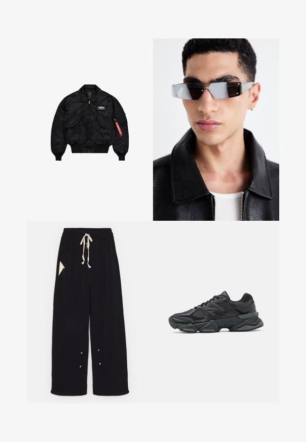 Zwarte bomberjack van glad nylon. Voorzien van een rits aan de voorkant, ribbelboorden, meerdere zakken en een rode stoffen label op de mouw.; Zwarte T-shirt met korte mouwen, gemaakt van katoen, met een ronde halslijn en een ontspannen pasvorm. Gladde textuur met minimale stikdetails.; Zwarte wijde broek van zachte stof met een trekkoord in de taille, zijzakken en een driehoekige accentzak. Inclusief zilveren hardwaredetails.; Zwarte hardloopschoen met een mix van mesh en synthetische materialen, een stevige zool, gebogen ontwerp en prominente branding op de zijkant.; Hoekige, grijsgetinte zonnebril met zilveren accenten, tegen een lichte achtergrond. De lenzen hebben een unieke geometrische vorm.