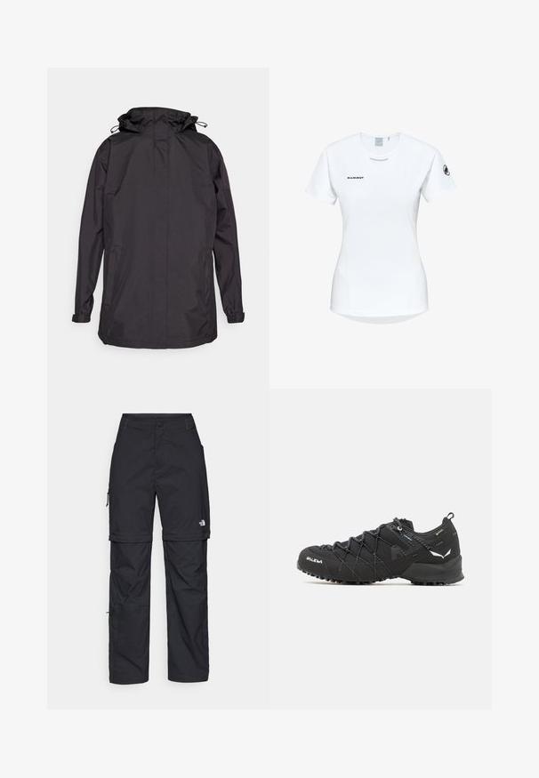 Black waterproof jacket with a hood, featuring elastic cuffs and two side pockets. Smooth texture and simple, functional design.; Short-sleeve white athletic shirt with a round neckline, featuring a logo on the chest and a smooth, lightweight fabric texture.; Black nylon zip-off cargo trousers with adjustable cuffs, multiple pockets, and a logo on the right leg. Smooth, lightweight texture.; Black hiking shoes with a textured fabric upper, lacing system, and rugged rubber sole. Accented with reflective details and logos.