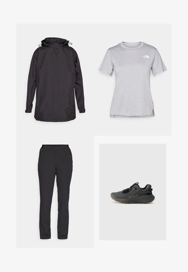 Juodas vandeniui atsparus švarkas su kapišonu, turintis elastingas rankoves ir dvi šonines kišenes. Lygus paviršius ir paprastas, funkcinis dizainas.; Pilkas trumpomis rankovėmis marškinėliai, pagaminti iš minkštos, drėgmę sugeriančios medžiagos. Turi apvalią iškirptę ir mažą baltą logotipą viršutiniame kairiajame kampe.; Juodi lauko kelnes, pagamintos iš lengvos medžiagos, turi tiesius kelnių kirpimus, užtrauktukais uždaromas šonines kišenes ir reguliuojamą juosmenį.; Columbia TERRASTRIDE CRZ - Turistiniai batai - shark/black