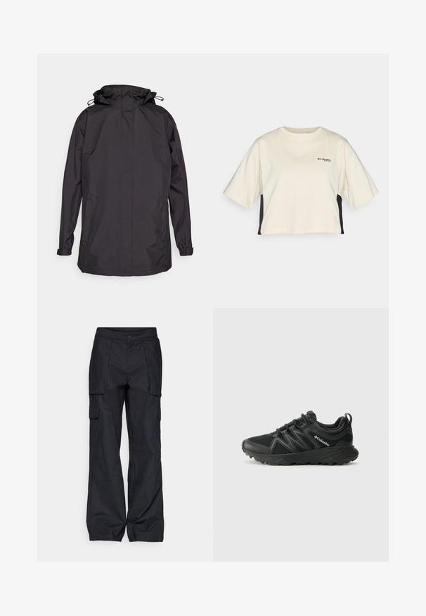 Black waterproof jacket with a hood, featuring elastic cuffs and two side pockets. Smooth texture and simple, functional design.; Cream-colored cropped t-shirt with a round neck, short sleeves, and black side panels; features a small black logo on the chest.; Columbia BREA FALLS™ COTTON RIPSTOP PANT - Outdoor trousers - black; Columbia PEAKFREAK - Hiking shoes - black