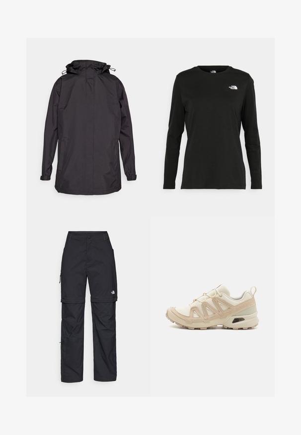 Mustanud veepidav jakk kapuutsiga, elastsete mansettide ja kahe küljetaskuga. Sile tekstuur ja lihtne, funktsionaalne disain.; Must mustahiheline T-särk, millel on pikad varrukad, valmistatud puuvillast ja ümarast kaelusest. Vasakul rinnal on väike valge logo. Lihtne disain ja sobivus.; Mustad nailonist valmistatud eemaldatavad cargo-püksid, reguleeritavate pahkluudega, mitmete taskutega ja paremal jalal logoga. Sile, kerge tekstuur.; Beež ja koobalti spordijalats tekstureeritud võrkkattega, toetavad ülemised kihid ja kummist tallaga, millel on mustriga joonistus haardeks.