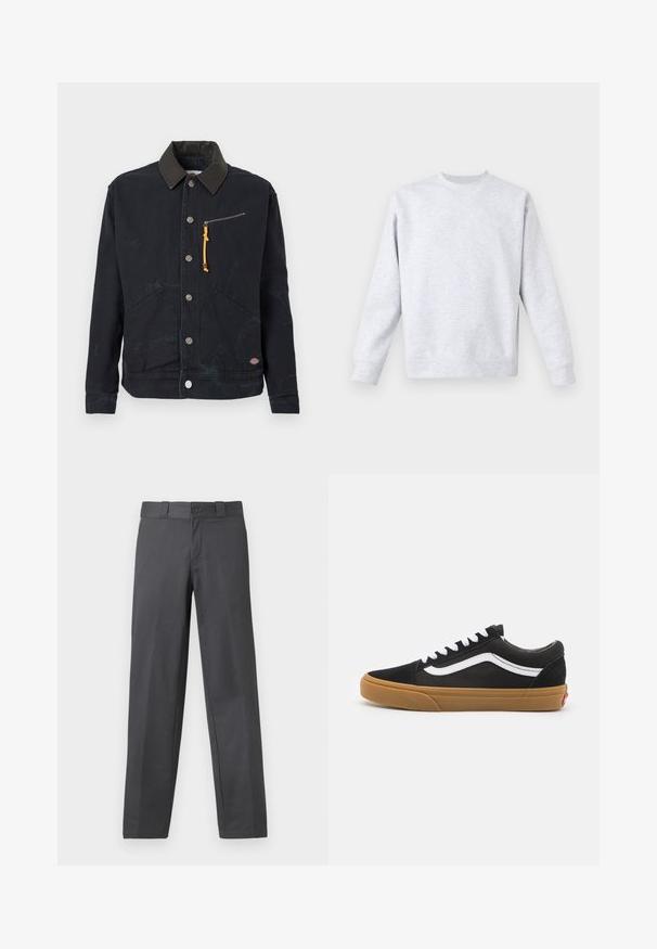 Black button-up jacket with dark contrast collar, two front pockets, a zippered chest pocket with yellow pull tab, and a small logo patch.; Light gray sweatshirt made of soft fabric, featuring a crew neck, long sleeves, and ribbed cuffs and hem. Minimalist design with no patterns.; Gray trousers made of smooth fabric, featuring a straight-leg design, button closure, and belt loops; minimal seams and no patterns.; Black suede sneakers with white side stripe, white laces, and gum rubber sole. Classic low-top design with textured accents and rounded toe.