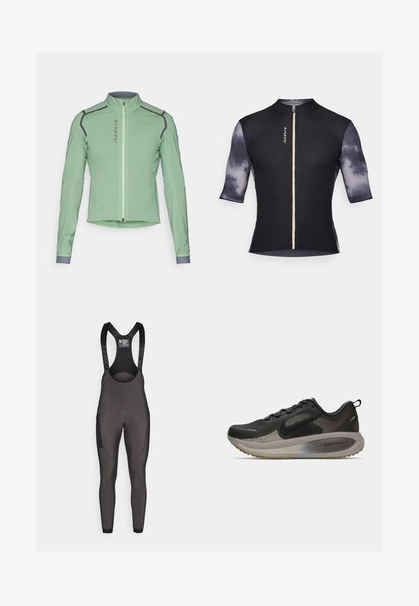 Giacca da ciclismo verde chiaro con maniche lunghe, collo alto, chiusura con zip e accenti grigi a contrasto lungo le cuciture. Tessuto liscio e leggero.; Maglia da ciclismo a maniche corte con corpo nero a coste e maniche grigie texture con un motivo sfumato, completa di zip frontale e logo.; Tights ciclistici neri con bretelle regolabili, area imbottita per la seduta e pannelli texturizzati sui lati per una maggiore aderenza e supporto.; Scarpa da corsa nera con tomaia in mesh, dettagli riflettenti e ammortizzazione ZoomX. Presenta una suola testurizzata per una migliore aderenza. Design slanciato.