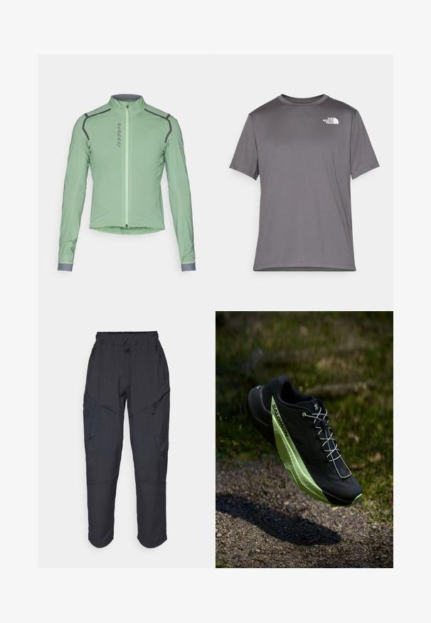 Chaqueta de ciclismo verde claro con mangas largas, cuello alto, cierre de cremallera y acentos en gris que contrastan a lo largo de las costuras. Tejido suave y ligero.; Camiseta deportiva corta de manga gris, confeccionada en un tejido suave y ligero. Presenta un logo blanco en la parte izquierda del pecho. Diseño de cuello redondo.; Pantalones cargo negros hechos de un material ligero y resistente al agua; cuentan con una cintura elástica, múltiples bolsillos con cremallera y piernas ajustadas.; Zapatilla de correr negra con una superficie texturizada y acentos verdes. Presenta un diseño ligero y una suela única y estampada para mayor tracción.
